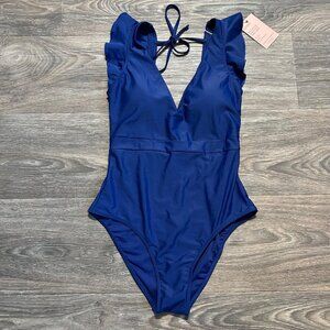 Quince 6 Small Italian Ruffle Shoulder One Piece Swimsuit Navy Deep V Neck Blue